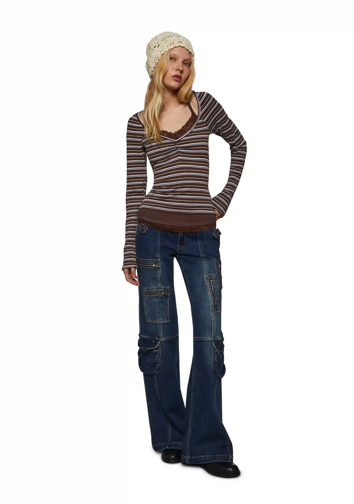 Angela Stripe Layered Cami Long Sleeve - Brown