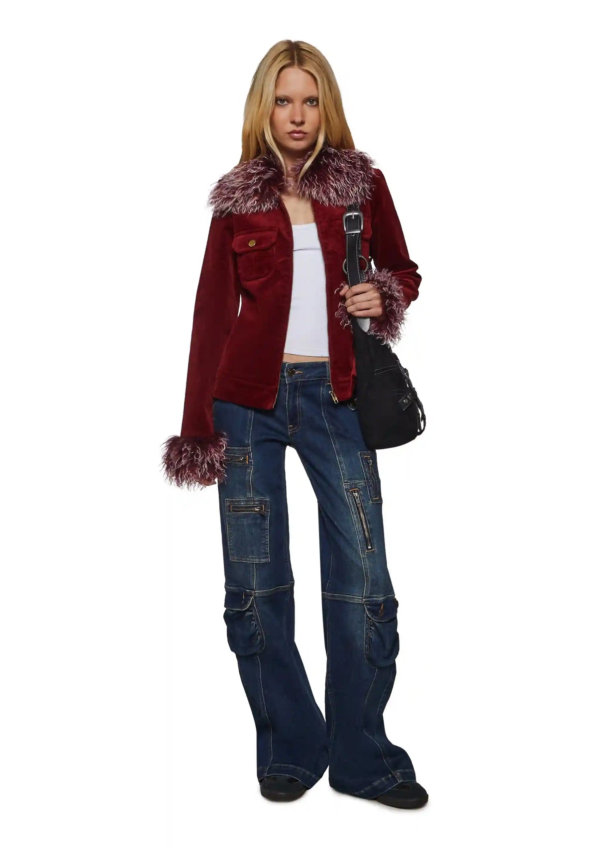 Cherry Corduroy Jacket with Faux Fur