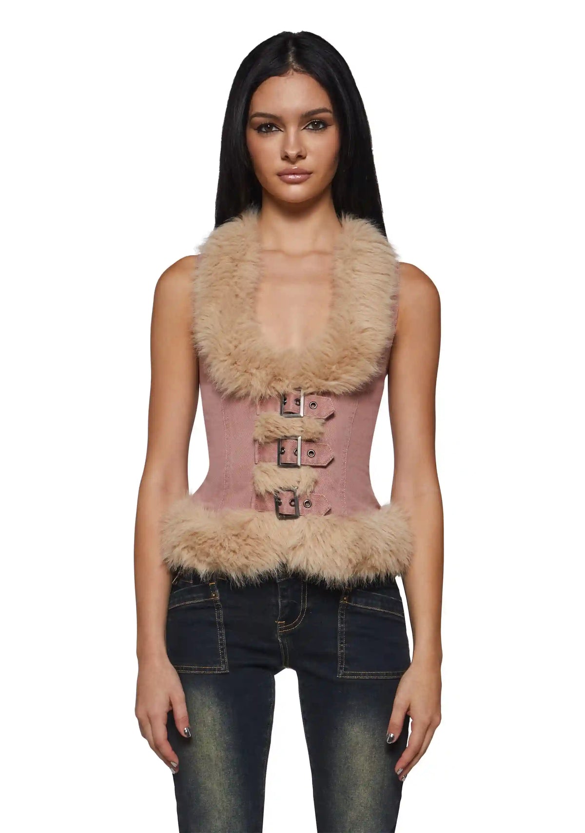 Ego Twill Fur Vest Top - Pink