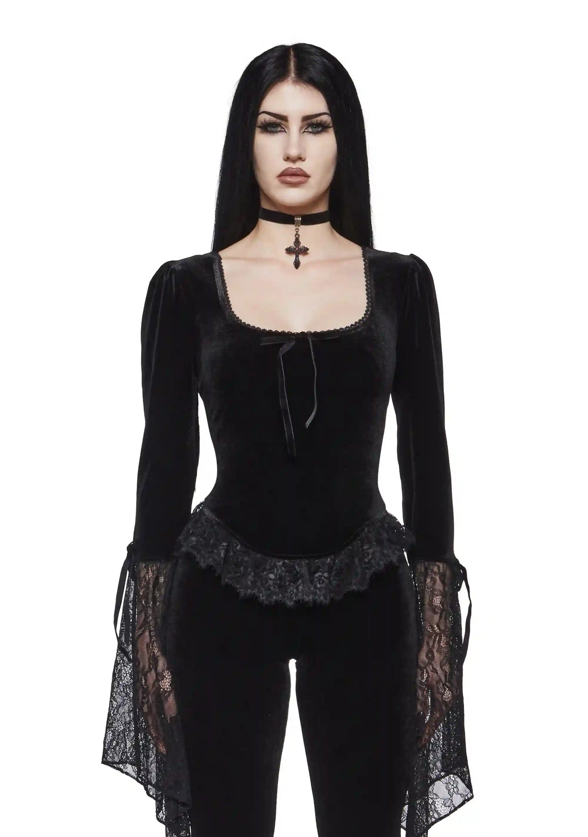 Full Vampire Velvet Long Sleeve Blouse - Black