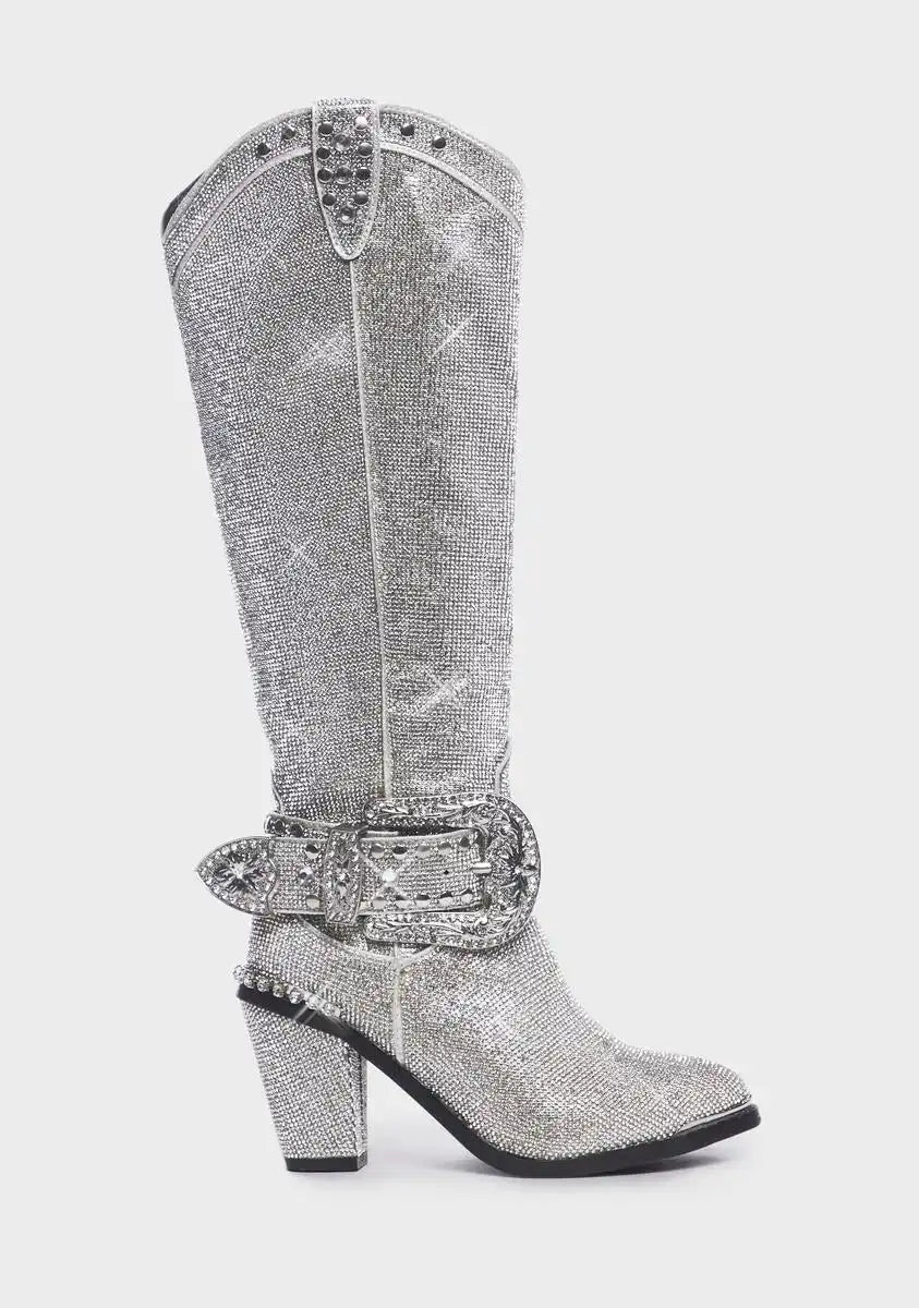 Sheriff Shine Knee High Boots - Silver