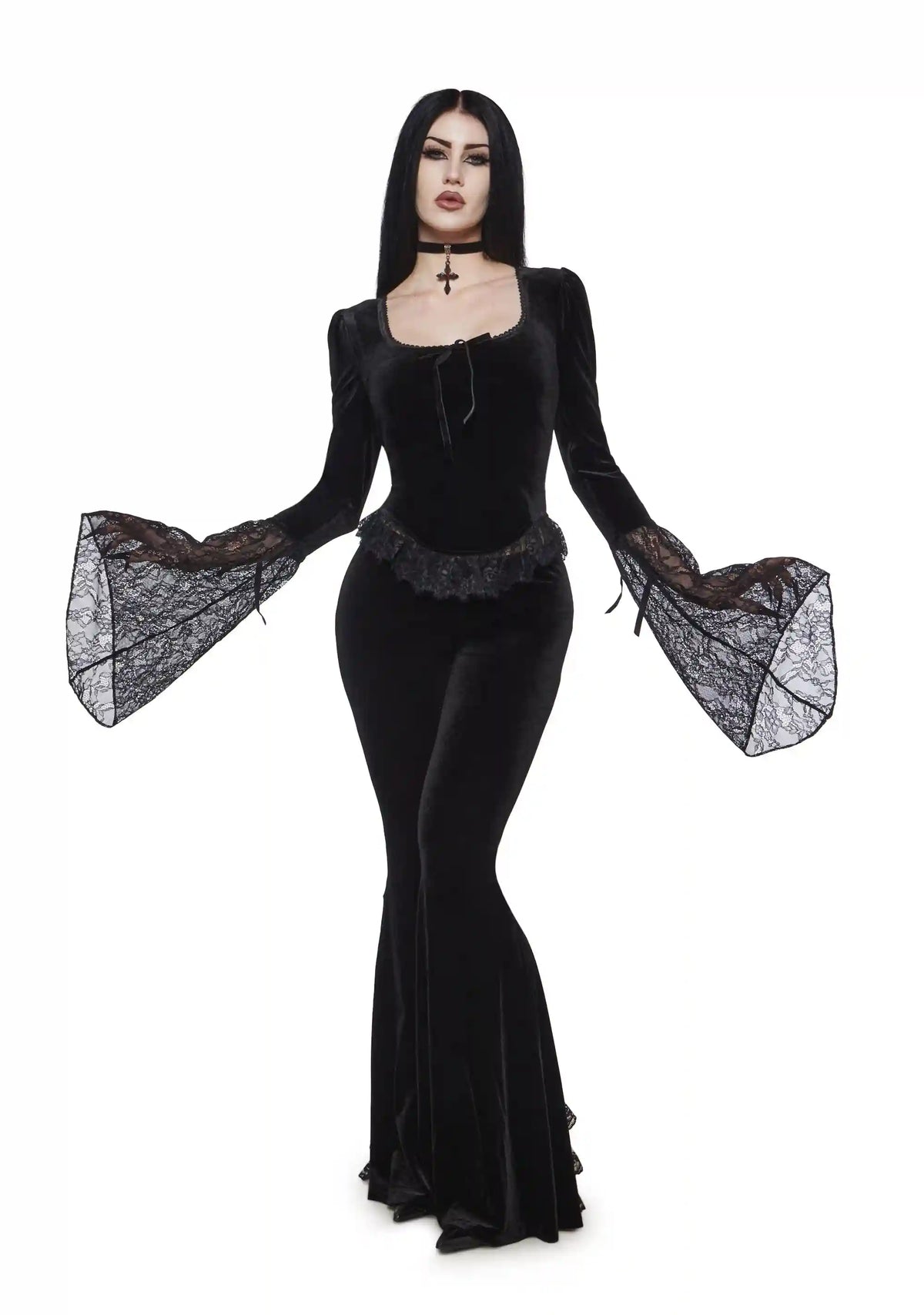 Full Vampire Velvet Long Sleeve Blouse - Black