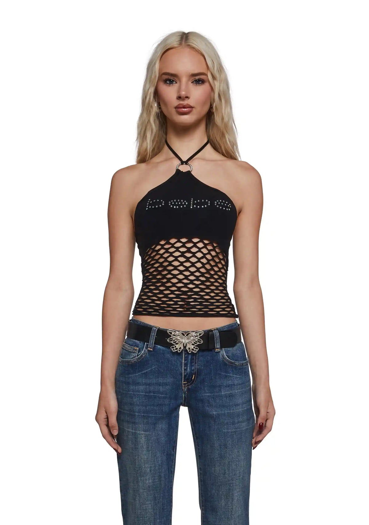 Fishnet Halter Top - Black