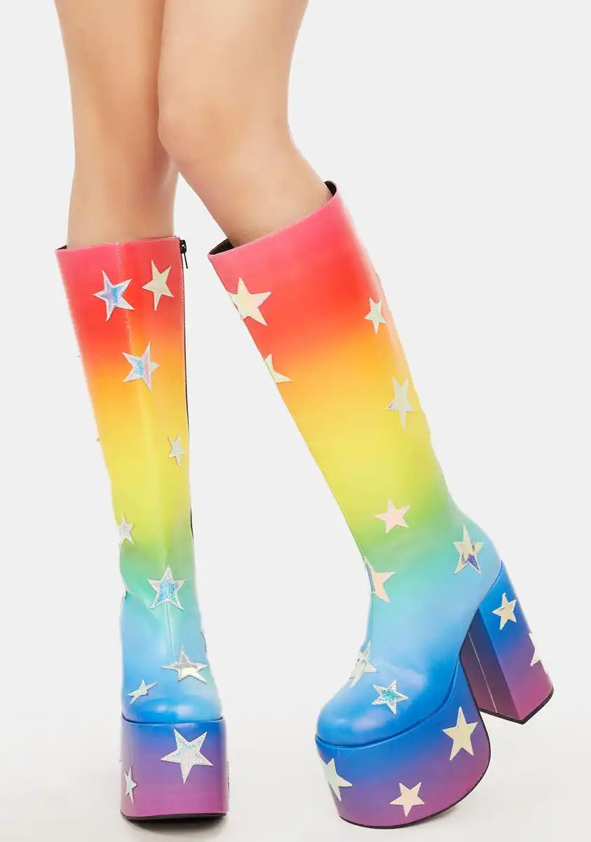 Shooting Star Knee High Boots - Rainbow