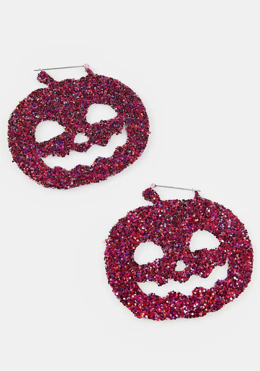 Pink Glitter Pumpkin Hoop Earrings
