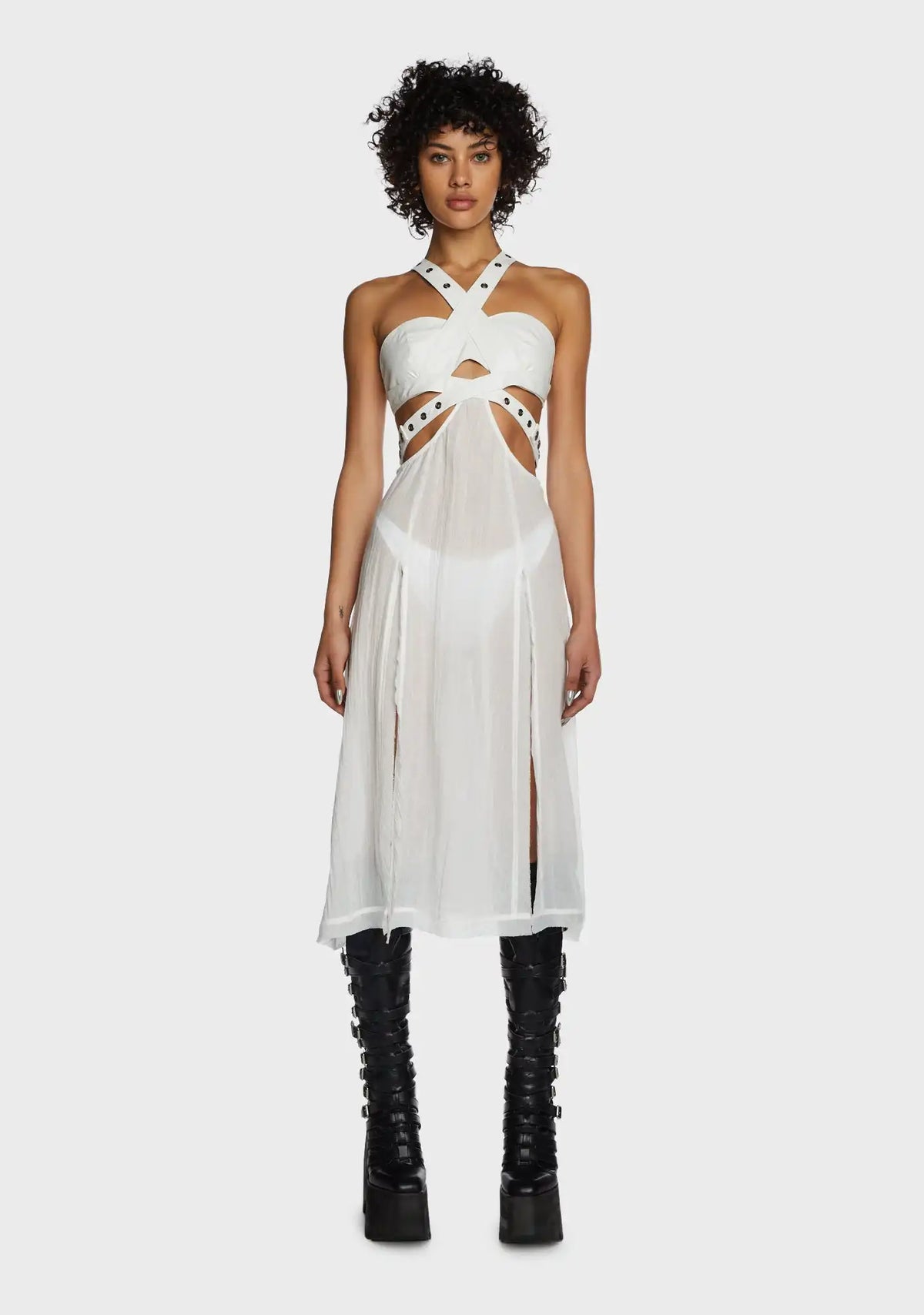 Replay Vegan Leather And Gauze Midi Dress - White