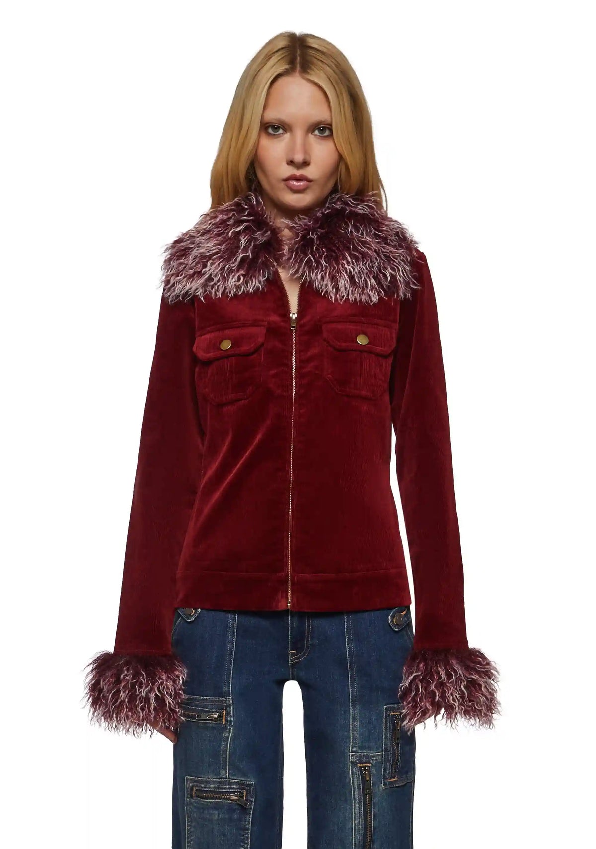 Cherry Corduroy Jacket with Faux Fur