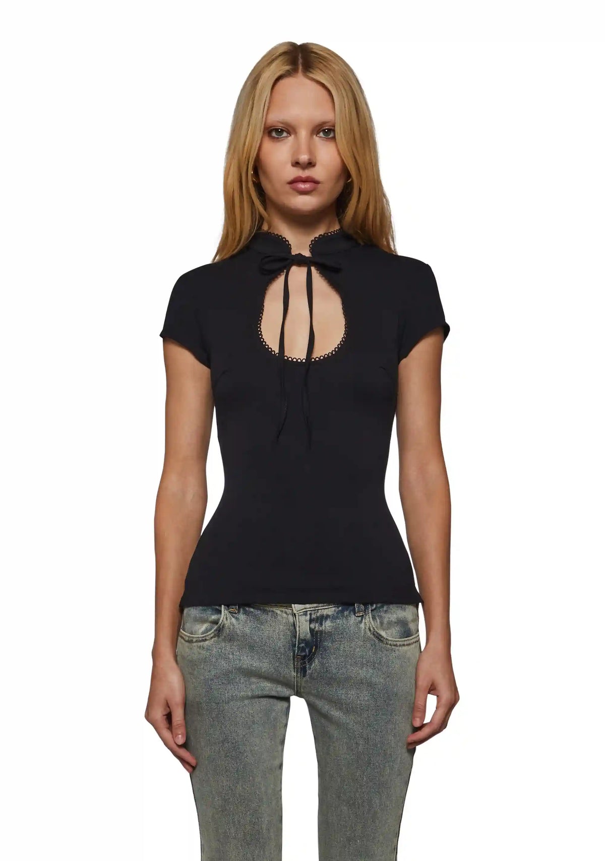 Alysa High Collar Short Sleeve Top - Black