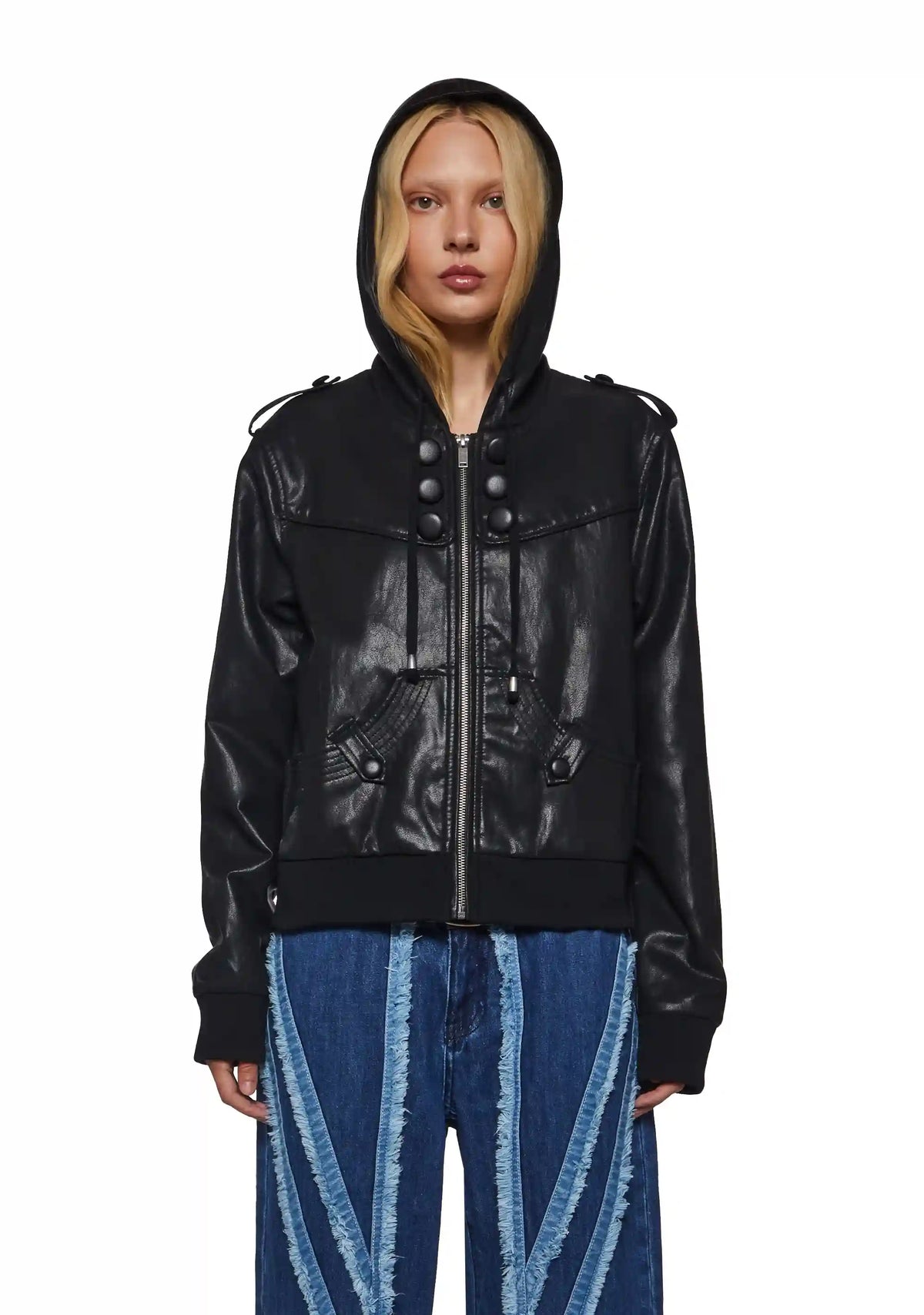 Military Leather Hooded Bomber