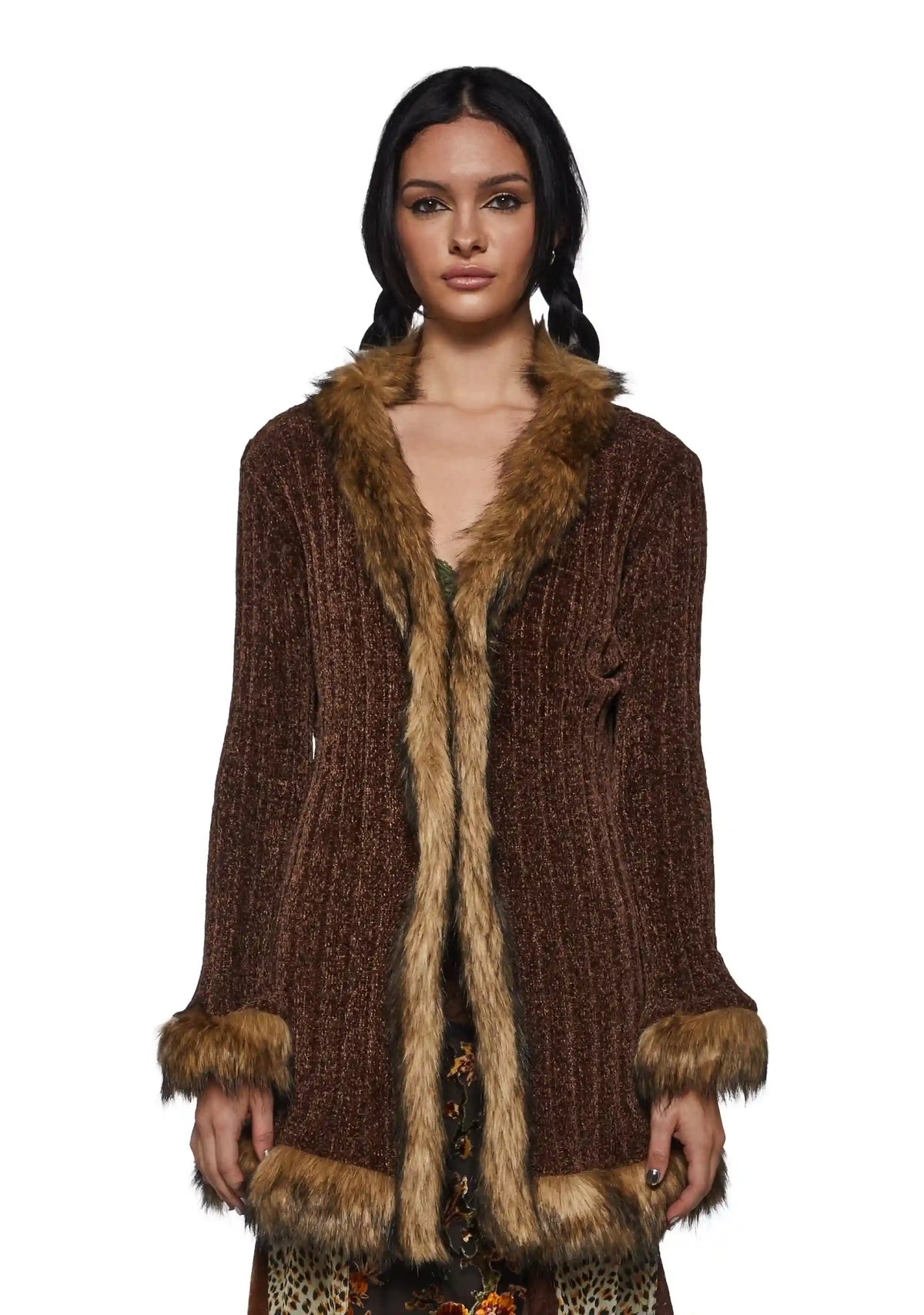 Furry Foe Long Cardigan-Brown