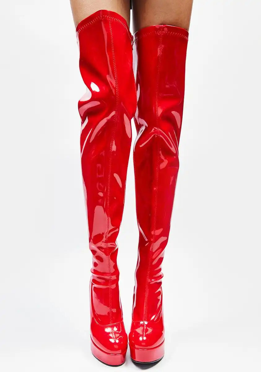 Red Patent Thrill Thigh High Boots